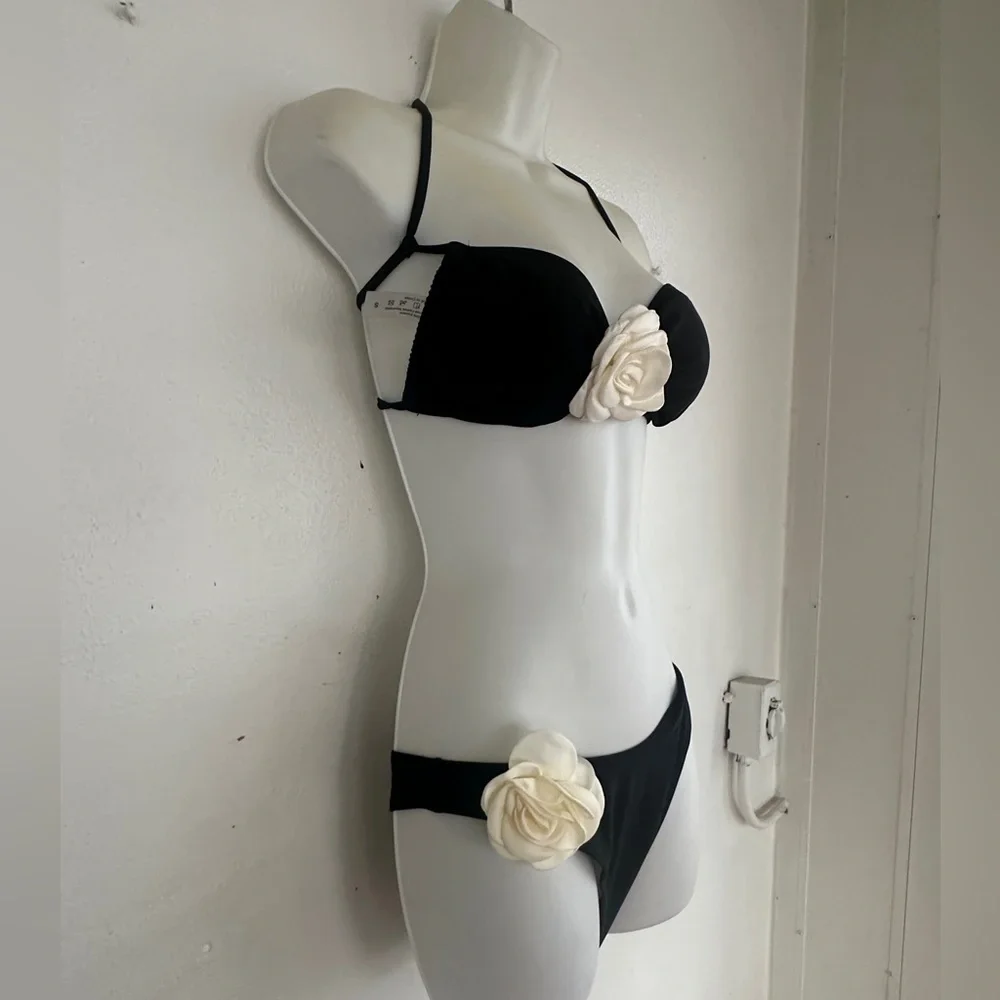 Black Bikini With Floral Accent And Ties
